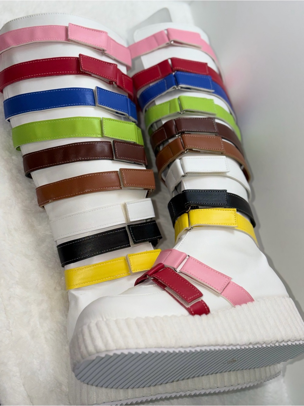 Over-the-Knee White Boots with Multicolor Straps